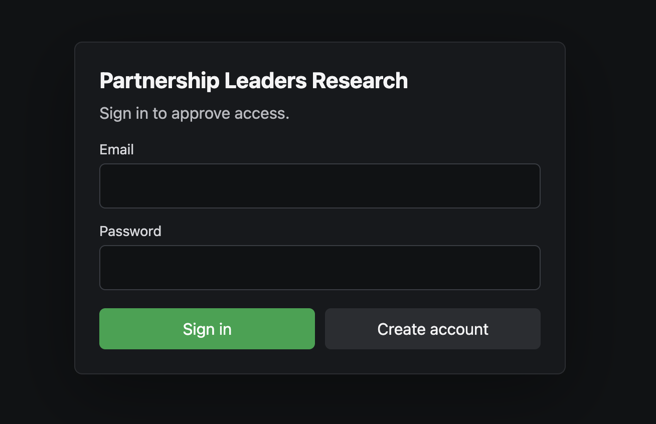 Partnership Leaders Research authorization screen with Email and Password fields, Sign in and Create account buttons
