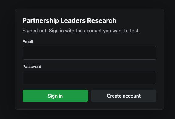 Partnership Leaders Research authorization screen in ChatGPT with Email and Password fields, Sign in and Create account buttons