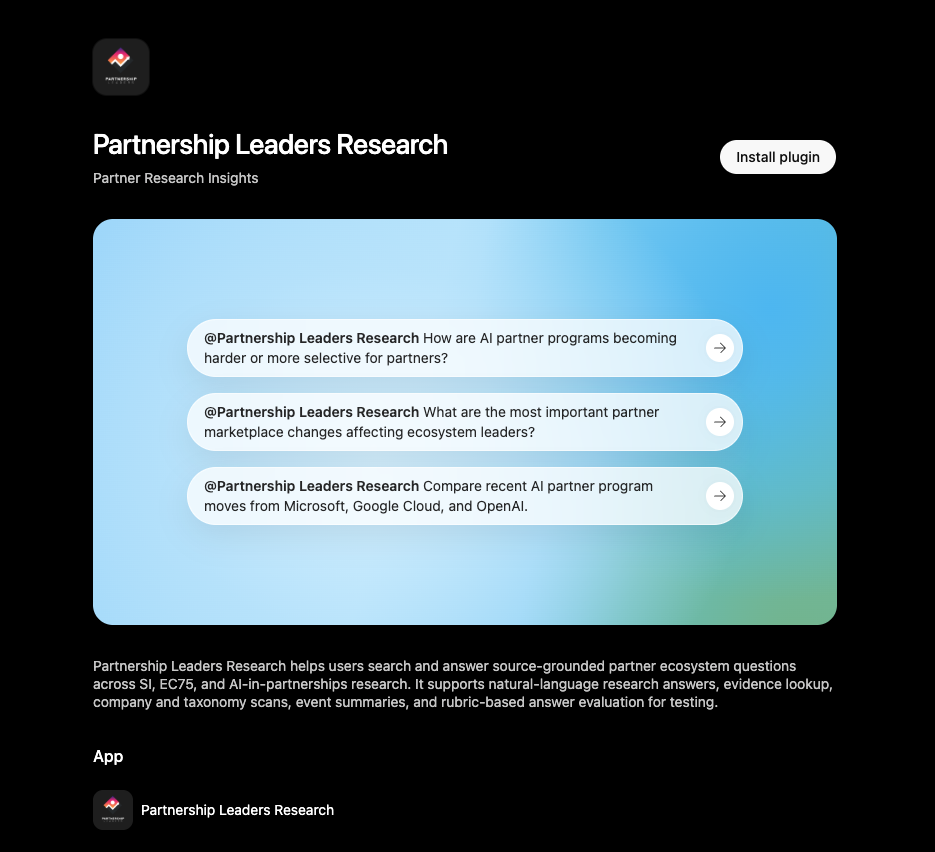 Partnership Leaders Research plugin page in ChatGPT with the Install plugin button