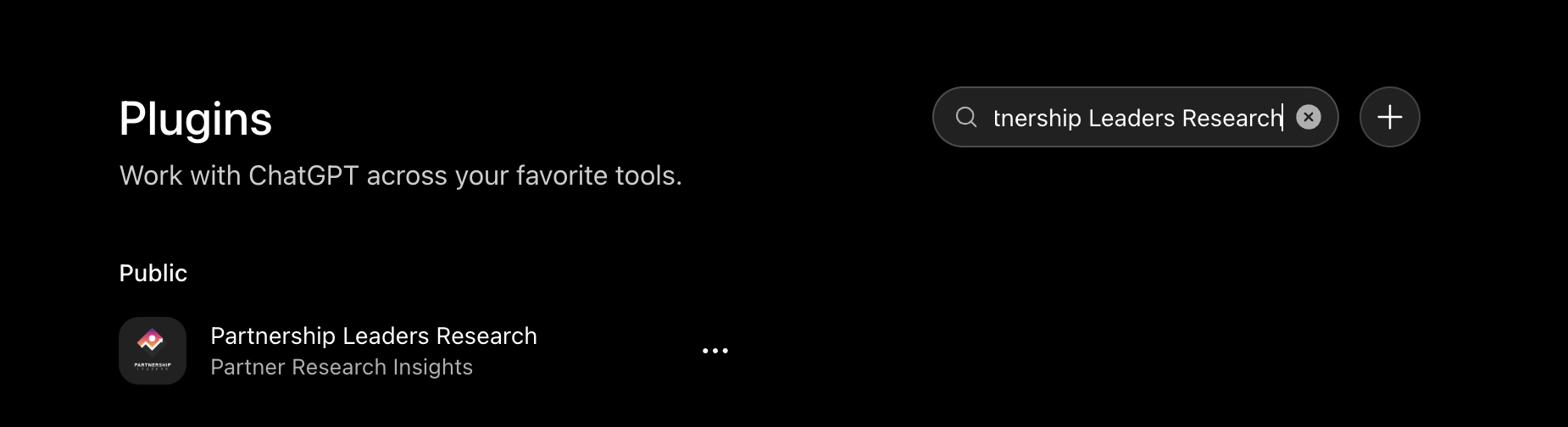 ChatGPT Plugins page showing Partnership Leaders Research in the search results