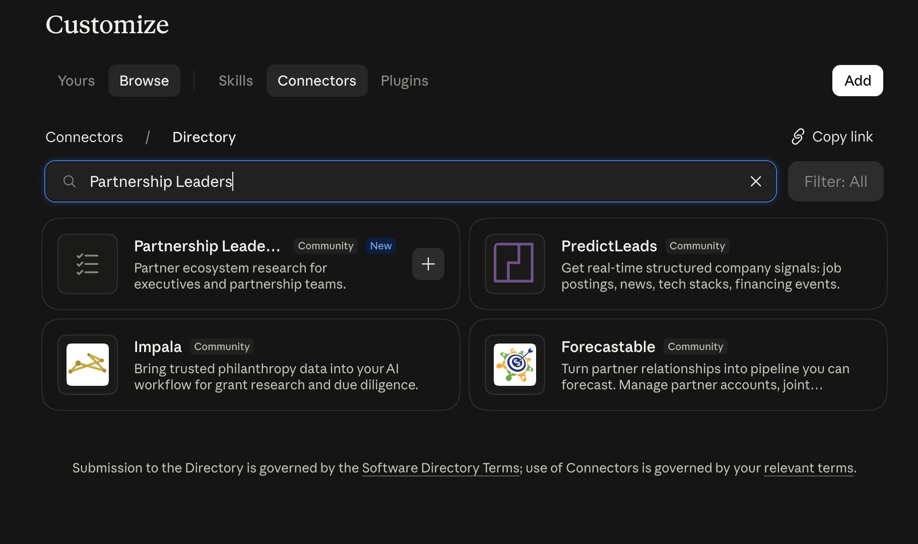 Claude Customize screen with the Connectors directory showing Partnership Leaders Research in the search results
